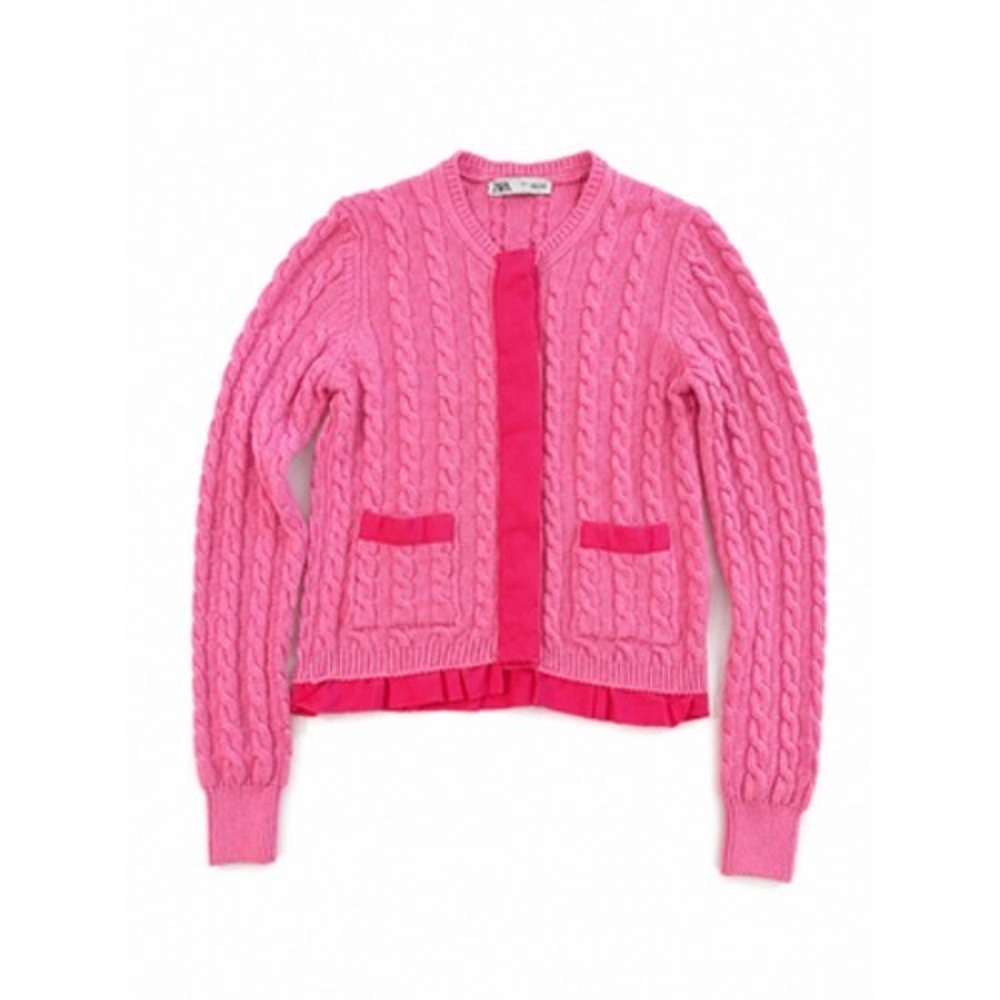 Zara Pink Cable Knit Cardigan Snap Front Contrast Trim Jacket Women's S